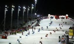 La station française de Courchevel lors d'une épreuve de slalom parallèle en Coupe du monde, le 20 décembre 2017