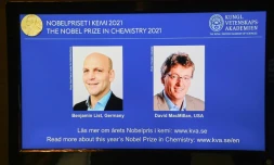 Le prix Nobel de chimie sacre le 6 octobre 2021 à Stockholm l'Allemand Benjamin List (G) et l'Américain David MacMillan 