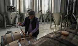 Le microbrasseur Sophocle Panagiotou remplit un verre d'une bière qu'il produit, le 28 février 2019 sur l'île d'Eubée en Grèce