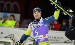La joie du Suédois Matts Olsson après sa victoire au géant parralèle d'Alta Badia en Italie, le 18 décembre 2017