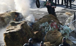 Des agriculteurs brûlent de la paille et des pneus lors d'une manifestation à Bordeaux, le 21 février 2018, contre un projet d'accord avec le Mercosur