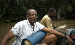 Tommy Garnett, fondateur et directeur exécutif de l'ONG The Environmental Foundation for Africa (EFA), pose le 1er juillet 2025 sur l'île de Tiwai, qui est entrée le 13 juillet 2025 au patrimoine mondial de l'Unesco. M. Garnett et son ONG se battent depuis 25 ans pour sauver et restaurer ce trésor de biodiversité. Le complexe de Gola-Tiwai - composé de la réserve de Tiwai et du parc national de la forêt tropicale de Gola, dans le sud-est de la Sierra Leone - est entré au patrimoine mondial à l'issue d'un vote lors de la 47ème session du Comité du patrimoine mondial de l'Unesco