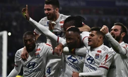 La joie des joueurs lyonnais après le but du break signé Moussa Dembélé (bras levé) contre Saint-Etienne au Parc OL, le 1er mars 2020 