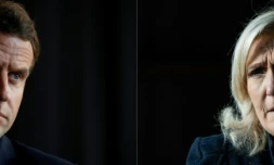 Combinaison d'images créée le 14 avril 2022 montrant le candidat Ă la réélection du parti La RĂ©publique en Marche (LREM) Emmanuel Macron Ă La Courneuve le 7 avril, 2020 et Marine Le Pen, du parti d'extrĂȘme droite français Rassemblement national (RN) Ă Mesnil-Raoul, dans le nord-ouest de la France, le 8 dĂ©cembre 2021