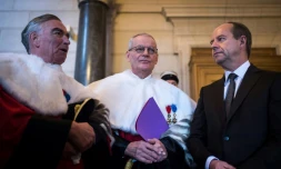 Le président de la cour de cassation Bertrand Louvel (C), le procureur général de la cour de cassation Jean-Claude Marin (G) et le Garde des Sceaux Jean-Jacques Urvoas le 13 janvier 2017 à Paris