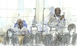 Croquis d'audience montrant les anciens bourgmestres rwandais Tito Barahira et Octavien Ngenzi, le 2 mai 2018, à la cour d'appel de Paris