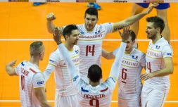 Les Français fêtent un point pendant leur match face à la Russie, le 6 janvier 2016 lors du tournoi de qualification olympique de Berlin