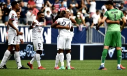 La joie des Clermontois, après leur victoire, 2-0 face à Bordeaux, lors de la 1ère journée de L1, le 8 août 2021 au stade Matmut-Atlantique