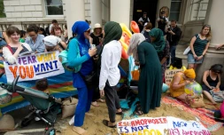 Manifestation devant l'ambassade de France à Londres contre l'interdiction du burkini sur les plages de l'Hexagone, le 25 août 2016