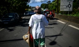 Une femme porte un t-shirt "Tous contre le chlordécone" près d'un barrage routier à La Boucan à Sainte-Rose, à la Guadeloupe, le 29 novembre 2021