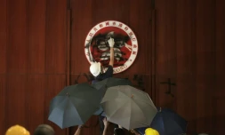 Un manifestant efface l'emblème de Hong Kong au siège du gouvernement, le 1er juillet 2019 