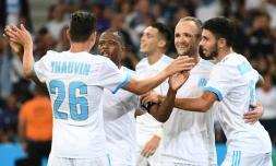 La joie des joueurs de l'OM se congratulent après un but de Valère Germain face aux Slovènes de Domzale, en barrage retour d'Europa League le 24 août 2017 au Vélodrome 
