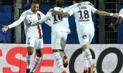 La joie du trio offensif du PSG, Kylian Mbappé, Neymar et Mauro Icardi, tous buteurs à Montpellier, le 7 décembre 2019