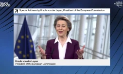 Image tirée d'une vidéo diffusée sur le site du Forum économique mondial de la présidente de la Commission européenne de Davos, Ursula von der Leyen, lors d'une intervention en visioconférence, le 26 janvier 2021