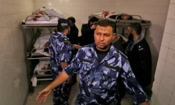 La morgue d'un hôpital où ont été entreposés les corps de cinq des six Palestiniens tués lors d'échanges de tirs à Gaza, qui ont également coûté la vie à un soldat israélien, le 11 novembre 2018 à Khan Younis