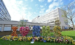Hommage floral au personnel soignant de l'hôpital St Thomas, le 12 avril 2020 à Londres où était soigné le Premier ministre britannique Boris Johnson atteint du Covid-19
