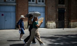 Des femmes munies d'un parapluie et d'un éventail se promènent près des berges de la Garonne à Toulouse, le 11 août 2025