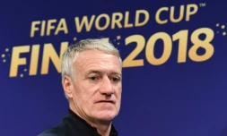 Le sélectionneur français Didier Deschamps en conférence de presse à Moscou le 14 juillet 2018 veille de la finale du Mondial face à la Croatie
