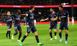La joie des joueurs du PSG après un but contre Guingamp, le 9 avril 2017 au Parc des Princes