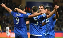 La joie des joueurs de la Juventus après le premier but de Gonzalo Higuain face à Monaco à Louis-II, le 3 mai 2017