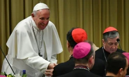 Le pape François salue un cardinal à l'ouverture d'un sommet inédit sur les agressions sexuelles au Vatican, le 21 février 2019