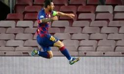 Lionel Messi exulte aprÚs son but contre Naples, en 8e retour de la Ligue des champions, le 8 août 2020 au Camp Nou