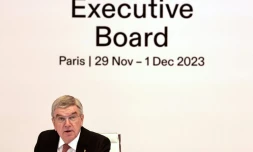 Le président du Comité international olympique Thomas Bach lors de la commission exécutive de l'organisme, le 29 novembre 2023 à Paris