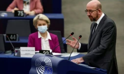 Le président du Conseil européen Charles Michel devant le Parlement européen à Strasbourg le 23 novembre 2021