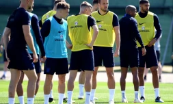 Harry Kane et les Anglais préparent leur match contre le Panama, lors d'un entraînement dans leur camp de base de Repino, le 23 juin 2018