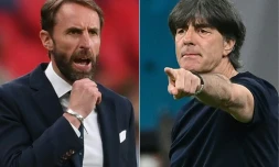 Combe réalisé le 27 juin 2021 à partir de photos des sélectionneurs de l'Angleterre Gareth Southgate (à gauce), à Londres le 22 juin 2021, et de l'Allemagne Joachim Löw à Munich le 15 juin 2021