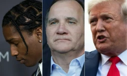 Combo créé le 25 juillet 2019 avec ASAP Rocky (G) à Los Angeles le 29 octobre 2016, le Premier ministre suédois Stefan Lofven (C) à Paris le 24 juin 2019 et le président américain Donald Trump (D) à Washington le 24 juillet 2019