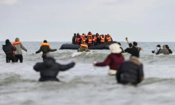 Des migrants tentent de rejoindre le bateau d'un passeur pour traverser la Manche, sur la plage de Gravelines, prĂšs de Dunkerque, dans le nord de la France, le 26 avril 2024