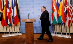 Le chef de la diplomatie américaine Mike Pompeo le 20 août 2020, après avoir réclamé à l'ONU le rétablissement des sanctions anti-Iran