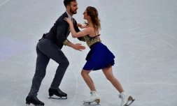 Gabriella Papadakis et Guillaume Cizeron, détronés lors des Mondiaux de Helsinki, ici pendant le programme court, le 31 mars 2017