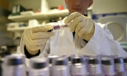 Un technicien manipule un échantillon de sang au laboratoire andidopage de Chùtenay-Malabry (Hauts-de-Seine), le 15 décembre 2015
