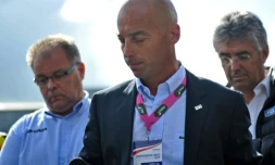 Pascal Chanteur, président du syndicat français des coureurs, lors d'un hommage aux cyclistes tués lors de courses, avant les Championnats de France sur route, à Chasseneuil-du-Poitou en 2014