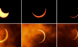 Cette combinaison de photos montre la Lune se déplaçant devant le Soleil, lors d'une éclipse annulaire, au moment du solstice d'été, observée à New Delhi le 21 juin 2020 