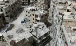 Les destructions dans la ville syrienne de Douma reprise aux rebelles par le rĂ©gime et oĂč une attaque prĂ©sumĂ©e chimique a eu lieu, le 17 avril 2018