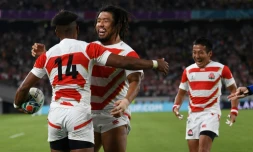 La joie des Japonais aprĂšs un essai face Ă la Russie, en match d'ouverture de la Coupe du monde, le 20 septembre 2019 Ă Tokyo