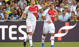 Les joueurs de Monaco Rony Lopes (d) et Stevan Jovetic buteurs lors de la victoire de Monaco à Nantes 3-1 le 11 août 2018