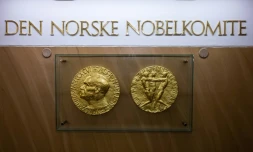 Des répliques de l'avers et du revers de la médaille du prix Nobel de la paix exposées à l'Institut Nobel norvégien, le 25 septembre 2024, à Oslo