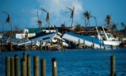 Des bateaux de plaisance détruits lors du passage de l'ouragan Dorian sont affalés sur le quai de la marina de Treasure Cay, dans le nord des Bahamas, le 11 septembre 2019