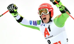 Le Slovène Zan Kranjec à l'arrivée de la seconde manche du slalom géant de Saalbach, le 19 décembre 2018