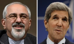 Montage photo réalisé le 8 novembre 2013 à Paris montrant le secrétaire d'Etat américain John Kerry (d) et son homologue iranien Javad Zarif (G)