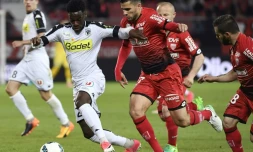 Le milieu d'Angers Yohann Eudeline (g) à la lutte avec celui de Dijon Mehdi Abeid, le 22 avril 2017 à Dijon