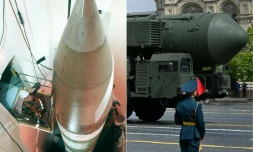 Combinaison d'images du 5 février 2026 montrant à gauche une image fournie par l'US Air Force d'un technicien inspectant un missile LGM-30G Minuteman III dans un silo situé dans le Dakota, aux Etats-Unis et à gauche un missile balistique intercontinental A RS-24 Yars sur la place Rouge à Moscou le 9 mai 2025 lors du défilé du jour de la victoire