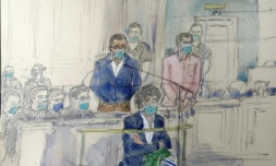 Croquis d'audience de Yacine Mihoub (g) et Alex Carrimbacus, au premier jour de leur procès pour le meurtre de Mireille Knoll, le 26 octobre 2021 à Paris