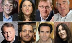 (Haut) de g à d: Daniel Pennac, Mazarine Pingeot, Gregoire Delacourt, Didier Decoin. (Bas) de g à d: Patrick Besson, le Franco-Marocain Abdellah Taïa, Christian Oster et l'Israélienne Zeruya Shalev.