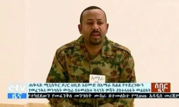 Cette photo fournie par la TV éthiopienne montre le Premier ministre Abiy Ahmed s'adressant au public après des troubles le 23 juin 2019.
