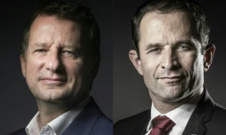 Combo du député européen EELV Yannick Jadot (G) le 12 septembre 2016 à Paris et du candidat socialiste à la présidentielle Benoit Hamon le 15 décembre 2016 à Paris